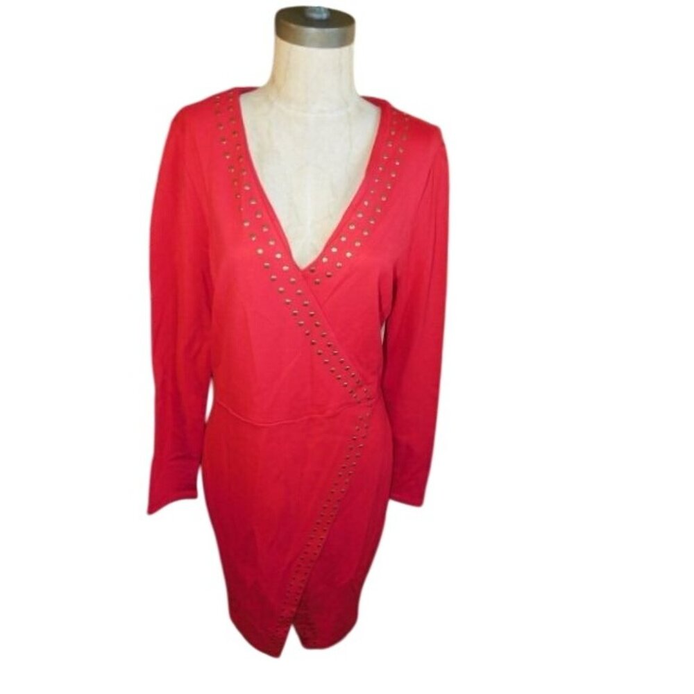 Carmen Marc Valvo Size 10 Red STRETCH Vneck Riveted Dress
